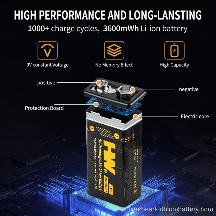 4 piles au lithium rechargeables 9 V 3600 mWh avec chargeur